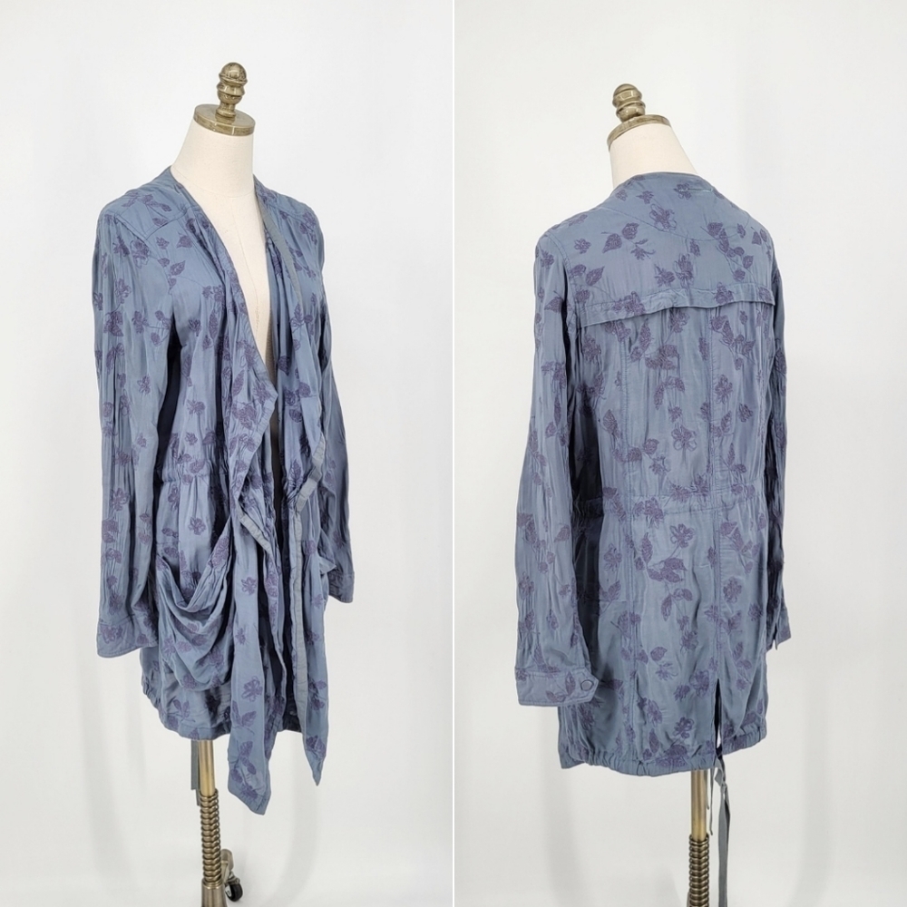 Anthropologie Hei Hei Floral Embroidered Open Front Utility Jacket Blue Medium